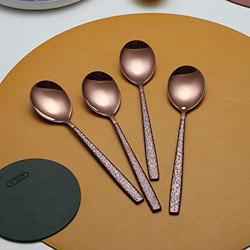 Dinner Spoon Set Of 4 With Moon Surface Handle And Shiny Rose Gold Mouth, Stainless Steel Copper Spoons Silverware Set Dishwasher Safe 3 Dinner Spoon Set Of 4 With Moon Surface Handle And Shiny Rose Gold Mouth, Stainless Steel Copper Spoons Silverware Set Dishwasher Safe - Image 3