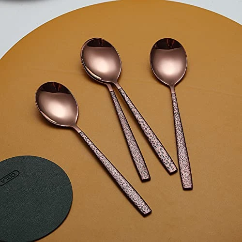 Dinner Spoon Set Of 4 With Moon Surface Handle And Shiny Rose Gold Mouth, Stainless Steel Copper Spoons Silverware Set Dishwasher Safe 2 Dinner Spoon Set Of 4 With Moon Surface Handle And Shiny Rose Gold Mouth, Stainless Steel Copper Spoons Silverware Set Dishwasher Safe - Image 2