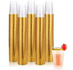 200 Pack Gold Plastic Cups, BAYZZ 12 Oz Clear Plastic Cups, Gold Rimmed Plastic Cups, Disposable Wine Glasses, Disposable Cups, Elegant Party Cups With Gold Rim For Wedding, Thanksgiving, Christmas