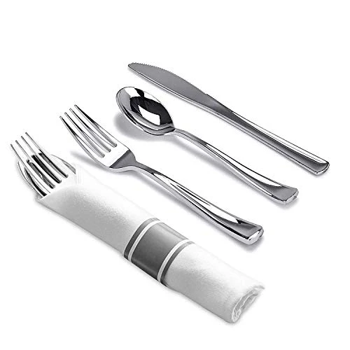 Pre-Rolled Napkin And Cutlery Set - White Napkins And Silver Heavy-Weight Plastic Silverware With Napkin Band Set - 30-Pack 2 Pre-Rolled Napkin And Cutlery Set - White Napkins And Silver Heavy-Weight Plastic Silverware With Napkin Band Set - 30-Pack - Image 2
