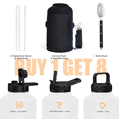 64 Oz Insulated Water Bottle, Half Gallon Vacuum Stainless Steel Sports Water Jug With 3 Lids & Brush, BPA-free Reusable Double Walled Thermos Mug Gym Keg For Sports Outdoor Camping, Black 2 64 Oz Insulated Water Bottle, Half Gallon Vacuum Stainless Steel Sports Water Jug With 3 Lids & Brush, BPA-free Reusable Double Walled Thermos Mug Gym Keg For Sports Outdoor Camping, Black - Image 2