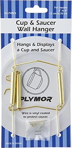 Gold-toned Wall Mountable Tension Cup & Saucer Hanger, 8" H X 2.75" W X 1" D