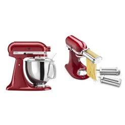 KitchenAid KSM150PSER Artisan Tilt-Head Stand Mixer With Pouring Shield, 5-Quart, Empire Red And 3-Piece Pasta Roller & Cutter Set Attachment, Silver