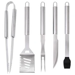 Grill Accessories Set, Stainless Steel BBQ Accessories, Heavy Duty Outdoor Barbeque Tools, 5Pc, Includes Kitchen Spatula, Tongs, Carving Fork, Knife, Basting Brush, Gifts For Man Dad