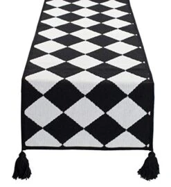 Black And White Diamond Woven Table Runner - 14 X 71 Inch Checker Runner Table Centerpiece For Dining Home Decor, Indoor Parties, Holiday Events Tassel Table Runner