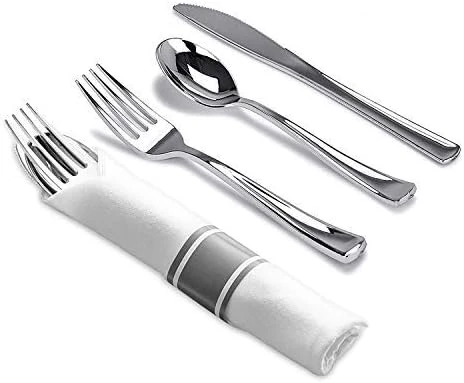 Pre-Rolled Napkin And Cutlery Set - White Napkins And Silver Heavy-Weight Plastic Silverware With Napkin Band Set - 30-Pack 13 Pre-Rolled Napkin And Cutlery Set - White Napkins And Silver Heavy-Weight Plastic Silverware With Napkin Band Set - 30-Pack - Image 13