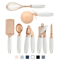 Ith COLOR 7 Pc Kitchen Gadget Set Copper Coated Stainless Steel Utensils With Soft Touch White Handles