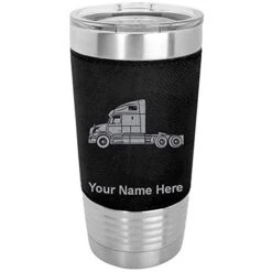 20oz Vacuum Insulated Tumbler Mug, Truck Cab, Personalized Engraving Included (Faux Leather, Black)