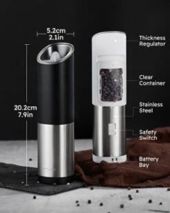 Gravity Electric Salt And Pepper Grinder Set Battery Operated, Adjustable Coarseness, Blue LED Light, One Hand Automatic Operation, Stainless Steel Classic Black & White, 2 Mills -Peugeot Shop 41uEpGd8FAL