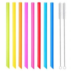 [Angled Tips] 8 Pcs Reusable Boba Straws & Smoothie Straws - Multi Colors Jumbo Wide Reusable Straws, BPA FREE Food-Grade Plastic Straws For Bubble Tea(Tapioca, Boba Pearls), Milkshakes With 2 Brushes