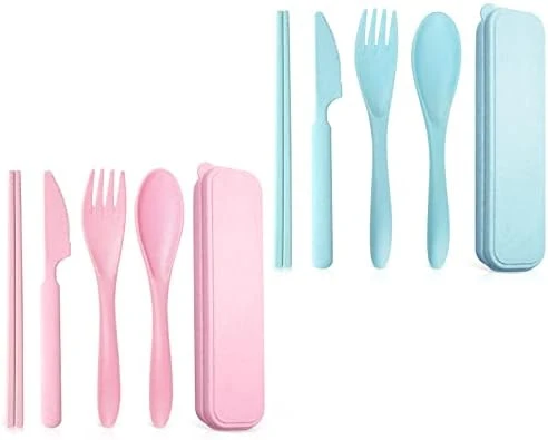 Reusable Portable Travel Utensils Silverware Forks Spoons Knives & Chopsticks, Set Of 3 For Camping Wheat Straw Plastic With Storage Case (Beige/Blue/Green) 4 Reusable Portable Travel Utensils Silverware Forks Spoons Knives & Chopsticks, Set Of 3 For Camping Wheat Straw Plastic With Storage Case (Beige/Blue/Green) - Image 4