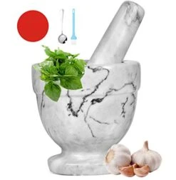 Mortar And Pestle Marble Set For Spices Pestos Seasonings Pastes Guacamole Bowl Herb Grinder Easy To Clean Included:Silicone Mat,Brush,Stainless Steel Spoon 4.33inch(Small,White Gray)