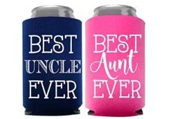 Best Aunt And Uncle Ever Can Coolers, Set Of 2, 1 Pink And 1 Navy Blue Beer Can Coolies, New Aunt Gifts, Novelty Can Cooler, Perfect Birthday, Gender Reveal Gift, Baby Announcement (Aunt And Uncle)