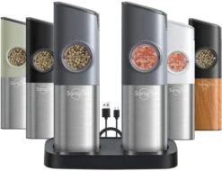 [Upgraded Larger Capacity] Sangcon Gravity Electric Salt And Pepper Grinder Set - USB Rechargeable With Dual Charging Base - Automatic One Hand Operation - Adjustable Coarseness & LED Light Refillable -Peugeot Shop 41uqzYRmL. AC