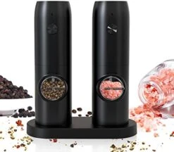 Electric Salt And Pepper Grinder Set, Rechargeable Pepper Grinder With Charger Tray, USB Cable, One Hand Operation, Adjustable Coarseness With Ceramic Grinder, ABS Body, (Set Of 2,Black) -Peugeot Shop 41ux7NTBuqL. AC