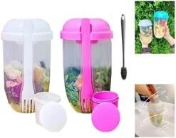 Zkosieng 2022 Keep Fit Salad Meal Shaker Cup With Fork And Dressing Holder, Fresh Washing Brush, Health Container, Portable Vegetable Breakfast To Take Away. (E-Pink+Green), 7.48×4.33×4.33in -Peugeot Shop 41v3WebqH L. AC