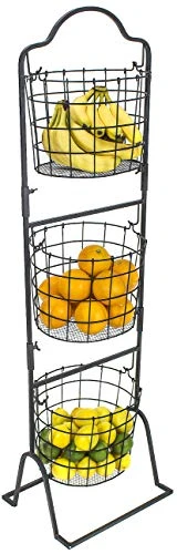 Sorbus 3-Tier Wire Market Basket Stand For Fruit, Vegetables, Toiletries, Household Items, And More, Stylish Tiered Serving Stand Baskets For Kitchen, Bathroom Storage Organization (Black)