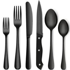 48-Piece Matte Black Silverware Set With Steak Knives For 8, Food-Grade Stainless Steel Flatware Set, Includes Spoons Forks Knives, Kitchen Cutlery For Home Office Restaurant Hotel