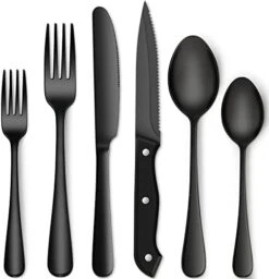 48-Piece Matte Black Silverware Set With Steak Knives For 8, Food-Grade Stainless Steel Flatware Set, Includes Spoons Forks Knives, Kitchen Cutlery For Home Office Restaurant Hotel 12 48-Piece Matte Black Silverware Set With Steak Knives For 8, Food-Grade Stainless Steel Flatware Set, Includes Spoons Forks Knives, Kitchen Cutlery For Home Office Restaurant Hotel -Peugeot Shop 41vnNkj6EwL. AC