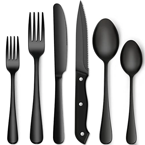 48-Piece Matte Black Silverware Set With Steak Knives For 8, Food-Grade Stainless Steel Flatware Set, Includes Spoons Forks Knives, Kitchen Cutlery For Home Office Restaurant Hotel 1 48-Piece Matte Black Silverware Set With Steak Knives For 8, Food-Grade Stainless Steel Flatware Set, Includes Spoons Forks Knives, Kitchen Cutlery For Home Office Restaurant Hotel