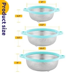 3Pack Stainless Steel Colander With Handle, Large Metal Strainer For Pasta, Spaghetti, Veggies, Fruits, Noodles, Kitchen Food Mesh Colander, Blue