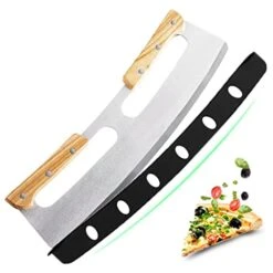 Pizza Cutter Rocker With Wooden Handles & Protective Cover, 14" Sharp Stainless Steel Pizza Slicer, Upgrade Accessories Chopper For Kitchen Tool Pizza Knife Cutters