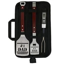 BBQ Grill Tools Set Gift For Dad, 4 Piece Set, Number 1 Dad Tongs, Spatula, Digital Thermometer And Case