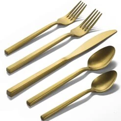 Cube Golden 20-Piece Forged Silverware Set Stainless Steel Flatware Set,Service For 4,Matte Satin Polished Cutlery Set,Dishwasher Safe