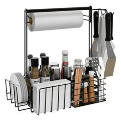 BBQ And Grill Caddy With Paper Towel Holder, Iron Steel Handle & 4 Hooks β Camper Accessories Condiment Caddy β Plates, Cutlery And BBQ Organizer For Camping Outdoor, Home, Kitchen, Countertop, Party