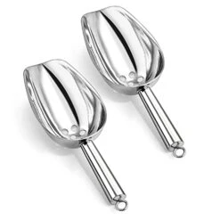 Metal Ice Scoops With Holes, E-far 8 Ounce Stainless Steel Scoops With Drain Holes To Reduce Unwanted Dilution, Slotted Scoop For Ice Maker/Freezer/Bar, Rust Free & Heavy Duty, Dishwasher Safe-2 Pack
