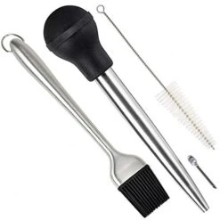 Home Servz Deluxe 304 Stainless Steel Turkey Baster Syringe Injector Needle With Cleaning Brush & Heavy Duty 12 Inch Stainless Steel Handle Silicone BBQ Basting Brush