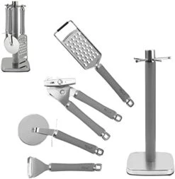 Tainless Steel Kitchen Gadget Set,5PCS Kitchen Accessories With Pizza Cutter, Can Opener, Y Peeler, Grater And Gadgets Holder -Peugeot Shop 41yS8RdYwrL. AC