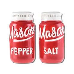 Red Ceramic Mason Jar Salt And Pepper Shakers - Rustic Kitchen Decor Table Seasonings - Fits Vintage Retro Farmhouse Decor Theme Or Collection -Mother's Day Gift - 2 Piece Set
