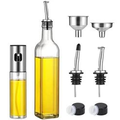Olive Oil Dispenser 17 OZ And Oil Sprayer Bottle For Cooking Set - Oil And Vinegar Cruet Bottle Set For Kitchen - Glass Container With Drip-Free Stainless Steel Spout - Oil Mister For Air Fryer, Salad