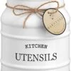 Ceramic Farmhouse Kitchen Utensil Holder For Countertop, Decorative Kitchen Utensil Holder, Large Kitchen Utensil Holder For Kitchen Counter, Utensil Crock Spatula Holder, 6.75" White