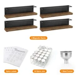 KitHero Magnetic Spice Racks With 24 Jars, 216 Labels, 1 Steel Funnel For Refrigerator,Microwave Oven - Full Set Of Spice Organizer