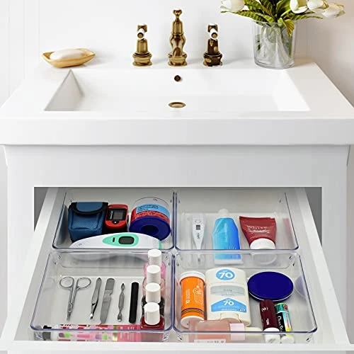 Desk Drawer Organizer Box Tray Storage Bins Modular Divider For Home, Kitchen, Office And Storage (Clear Crystal Plastic) (4 Pack - 6.25" X 6.25" X 2.13") 4 Desk Drawer Organizer Box Tray Storage Bins Modular Divider For Home, Kitchen, Office And Storage (Clear Crystal Plastic) (4 Pack - 6.25" X 6.25" X 2.13") - Image 4