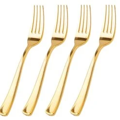 100 Piece Gold Plastic Forks - 7.4inch Gold Forks Disposable - Gold Plastic Silverware For Dessert Cake - Heavy Duty Plastic Cutlery For Party, Weddings Or Daily Using