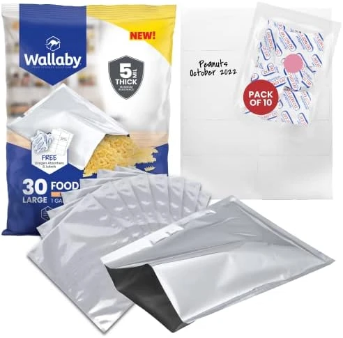 75x Wallaby 1-Gallon Mylar Bag Bundle - (5 Mil - 10" X 14") Mylar Bags, 80x 400cc Oxygen Absorbers, 80x Labels - Heat Sealable, Food Safe, & Reliable Long Term-Food Storage Solutions - Silver 8 75x Wallaby 1-Gallon Mylar Bag Bundle - (5 Mil - 10" X 14") Mylar Bags, 80x 400cc Oxygen Absorbers, 80x Labels - Heat Sealable, Food Safe, & Reliable Long Term-Food Storage Solutions - Silver - Image 8