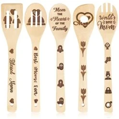 5Pcs Mothers Day Wooden Spoons Utensils Set, Non-Stick Cooking Utensils Carve Burned Bamboo Spoons Spatula Kitchen Cookware Gadget Decor Kit Mothers Day Mom Birthday Fun Gift Idea