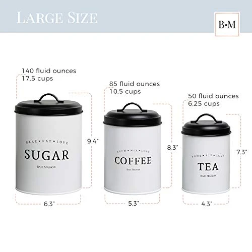 Large Kitchen Canisters Set Of 3 - Farmhouse Canister Sets For Kitchen Counter White - Coffee Tea Sugar Container Set - Rustic Kitchen Canisters Farmhouse Style Decor - Metal Kitchen Jars 2 Large Kitchen Canisters Set Of 3 - Farmhouse Canister Sets For Kitchen Counter White - Coffee Tea Sugar Container Set - Rustic Kitchen Canisters Farmhouse Style Decor - Metal Kitchen Jars - Image 2