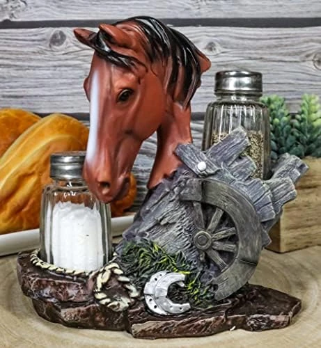 Country Western Chestnut Brown Stallion Horse By Farm Wagon Wheel Lasso Horseshoes Salt And Pepper Shakers Holder Figurine Set 6.25"High Old Fashioned Rustic Decor Statue (Chestnut Brown) 6 Country Western Chestnut Brown Stallion Horse By Farm Wagon Wheel Lasso Horseshoes Salt And Pepper Shakers Holder Figurine Set 6.25"High Old Fashioned Rustic Decor Statue (Chestnut Brown) - Image 6