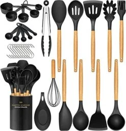 Kitchen Utensils Set, 33 Pcs Non-Stick Silicone Cooking Utensils Set, Heat-Resistant Silicone, Wooden Utensils For Cooking, Kitchen Gadgets Spatula Set, Apartment Essentials Kitchen Set (Khaki) -Peugeot Shop 51 gOOK937L. AC