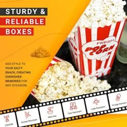 30 Movie Night Popcorn Paper Boxes Buckets 7.75 Inches Tall Large & Holds 46 Oz Old Fashion Vintage Retro Party Design Red & White Colored Nostalgic Carnival Stripes Bags & Tubs [various Qty Avail]