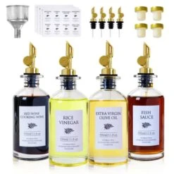 Oil Dispenser Bottle For Kitchen,Oil And Vinegar Dispenser Set, Coffee Syrup Dispenser With Metal Pour Spout, 4 Pack 11.8 Oz Glass Oil Bottles (Gold)