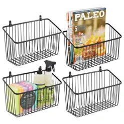 MDesign Small Metal Wire Wall Mounted Storage Organizer Basket Bin For Hanging In Kitchen, Garage, Entryway, Mudroom, Bedroom, Bathroom, Laundry Room - Unity Collection - 4 Pack - Black