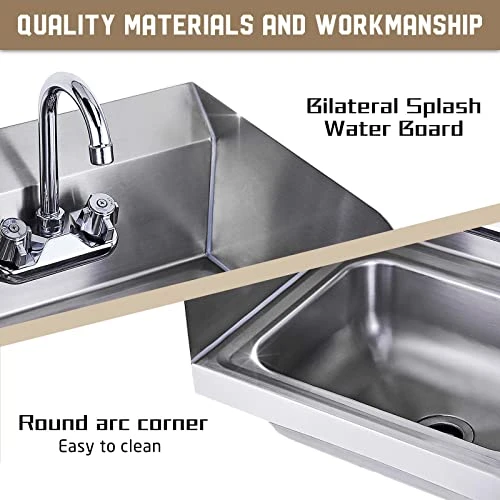 Tainless Steel Sink For Washing With Faucet And Side Splash, NSF Commercial Wall Mount Hand Basin For Restaurant, Kitchen And Home, 17 X 15 Inches 4 Tainless Steel Sink For Washing With Faucet And Side Splash, NSF Commercial Wall Mount Hand Basin For Restaurant, Kitchen And Home, 17 X 15 Inches - Image 4