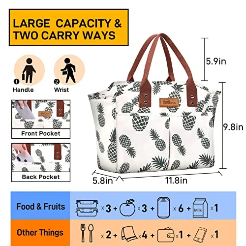 HOMESPON Fashionable Tote Reusable Insulated Lunch Bag Cooler Box With Pockets For Woman Man Work Shopping Or Travel (pineapple) 2 HOMESPON Fashionable Tote Reusable Insulated Lunch Bag Cooler Box With Pockets For Woman Man Work Shopping Or Travel (pineapple) - Image 2