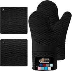 Heat And Slip Resistant Silicone Oven Mitt And Trivets Set, Waterproof, Cotton Lined Gloves, BPA-Free, Long Cooking Mitts And Trivet Mats, Kitchen Potholder Sets For Pans, 4 Pieces, Black -Peugeot Shop 510hbSuSq L. AC