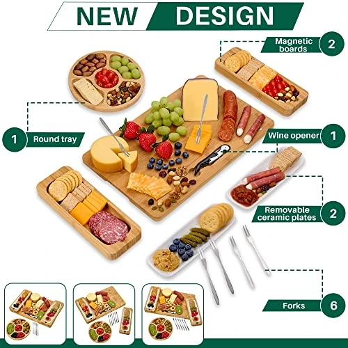 Bamboo Cheese Board Set - Charcuterie Boards Serving Platter - Magnetic Removable Side Boards - Gift For Housewarming, Anniversary, And Birthdays - Total Of 3 Boards, 1 Round Tray, Wine Opener + Forks 2 Bamboo Cheese Board Set - Charcuterie Boards Serving Platter - Magnetic Removable Side Boards - Gift For Housewarming, Anniversary, And Birthdays - Total Of 3 Boards, 1 Round Tray, Wine Opener + Forks - Image 2